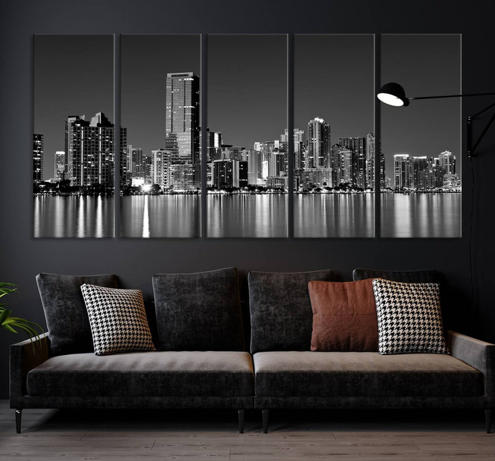 The Miami City Wall Art Canvas Print, a stunning triptych of the Miami skyline, elegantly hangs in this modern living room.