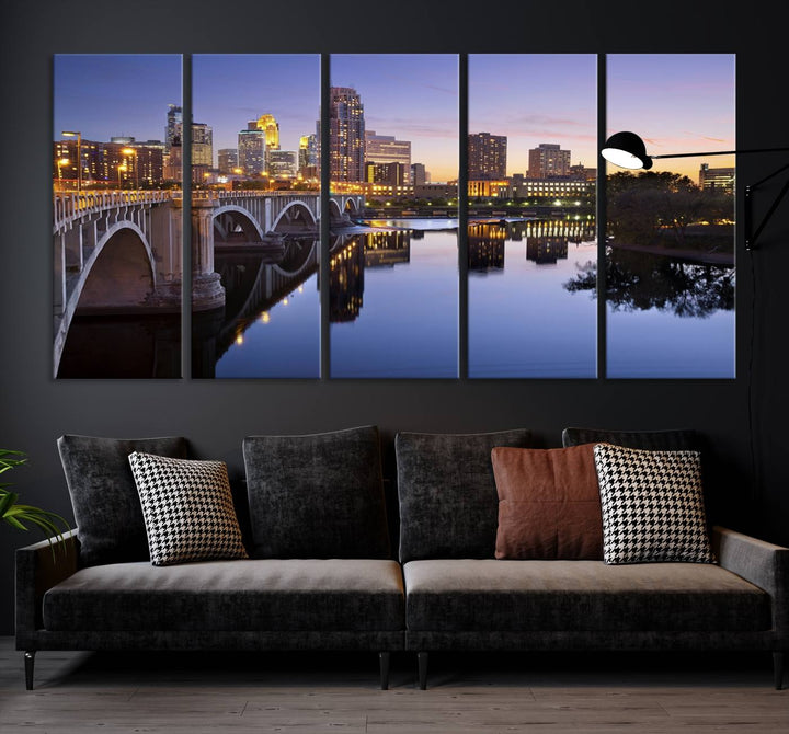 Display the Minneapolis Wall Art Canvas Print, featuring the Minnesota cityscape at dusk, on gallery-wrapped, museum-quality canvas.