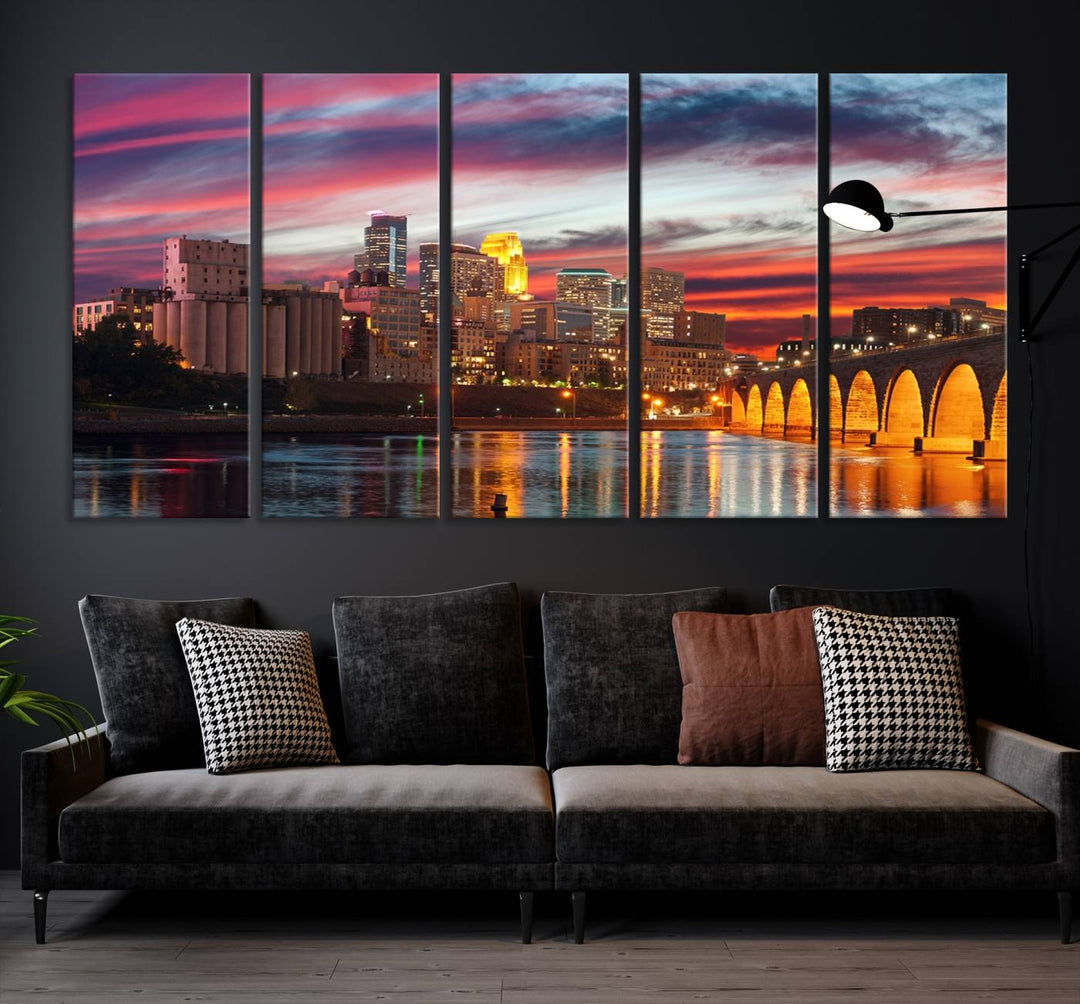 The "Minneapolis Wall Art Canvas Print, Minnesota City Wall Art Print, Minnesota Cityscapes Wall Art" features a city skyline at sunset in museum-quality canvas prints. Transform your living space into a gallery with this stunning piece and enjoy free shipping.