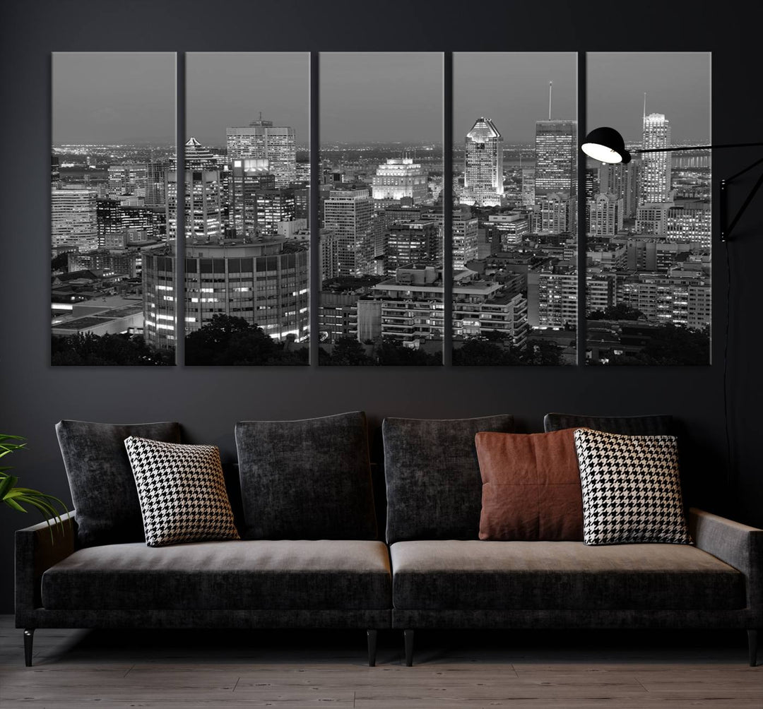 The gallery-wrapped, museum-quality canvas print features the Montreal Canada City Wall Art, showcasing a cityscape at night in black and white.