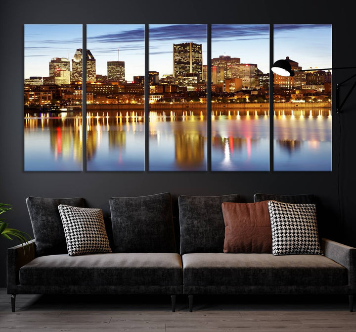 A Montreal Canada City Wall Art Canvas Print, depicting the cityscape at dusk and reflecting in calm waters, is crafted with museum-quality canvases and a UV-protective coating. This remarkable piece guarantees vibrant colors that remain stunning and ready to hang for years to come.