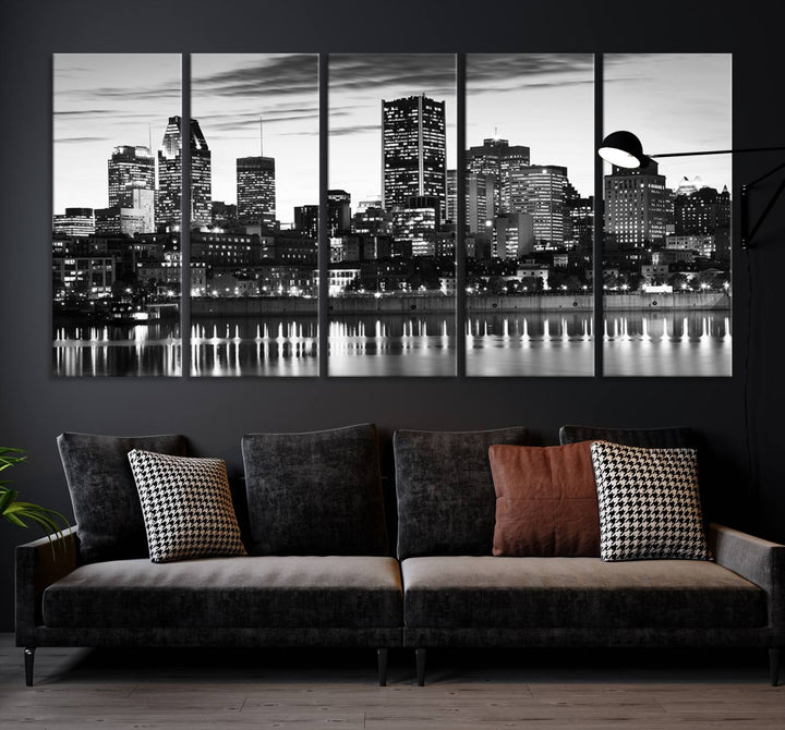 The contemporary living room features the Montreal Canada City Wall Art Canvas Print, an elegantly gallery-wrapped triptych on museum-quality canvas, prominently hung above.