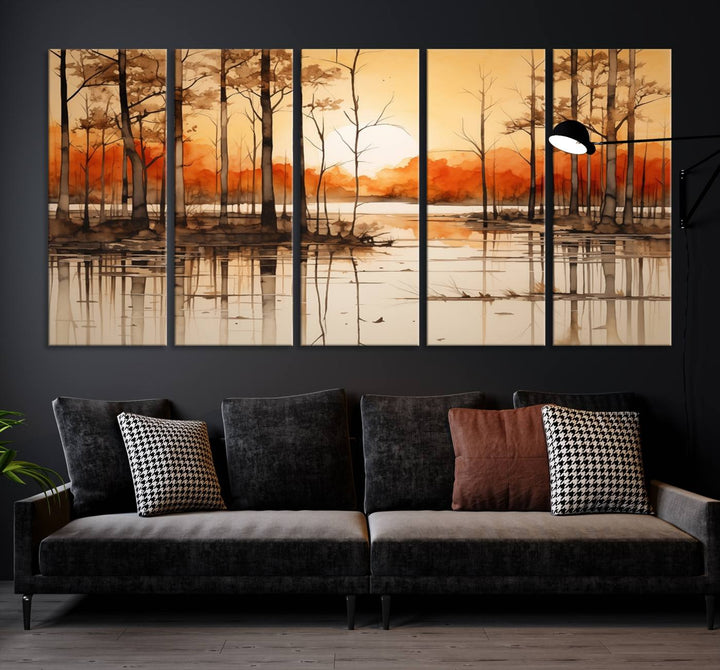 An Abstract Watercolor Trees and Sunset on Lake Wall Art Canvas Print, created on museum-quality canvas.