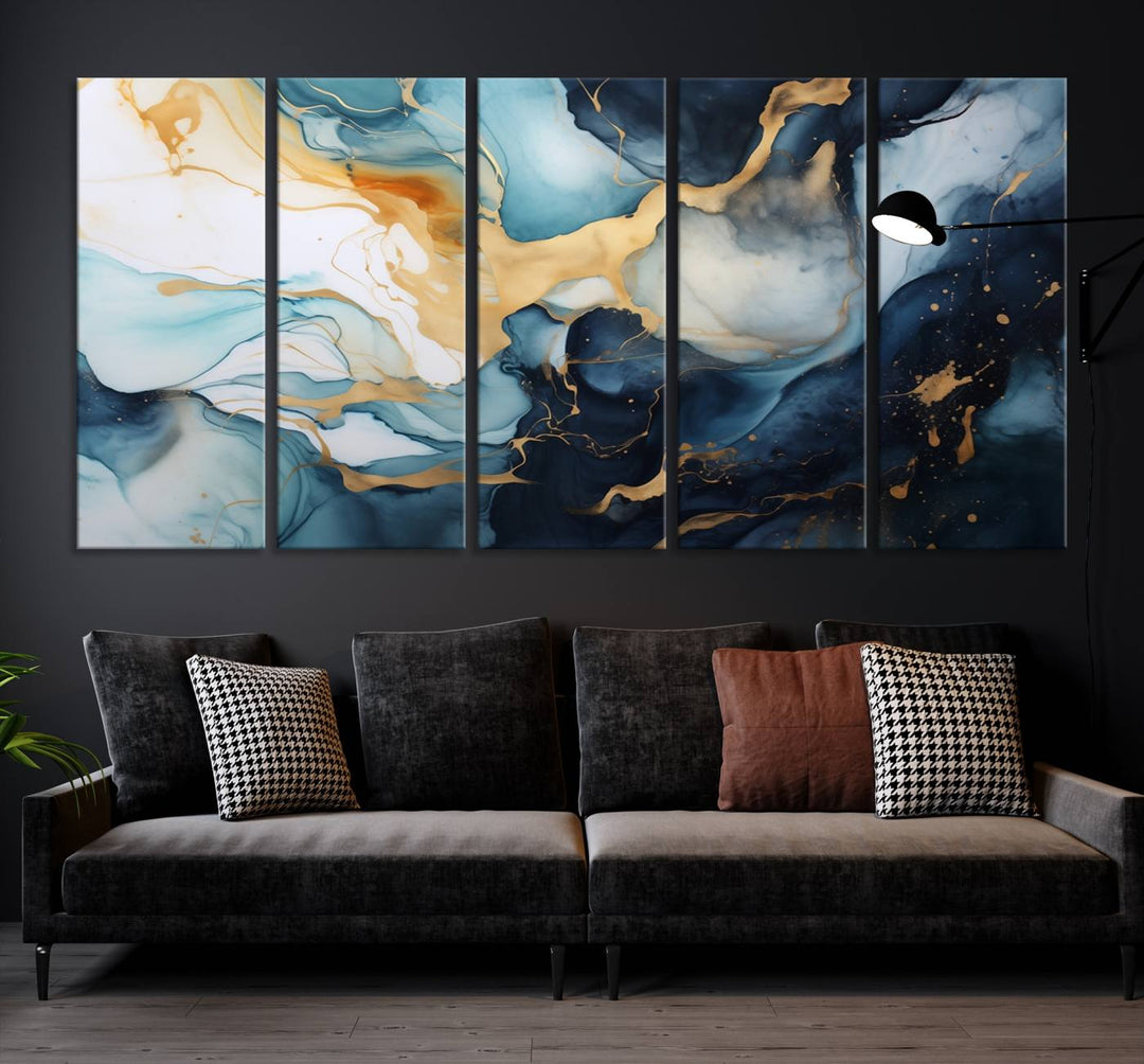 The living room is enhanced by the Marble Fluid Abstract Wall Art Canvas Print, which adds a touch of sophistication.