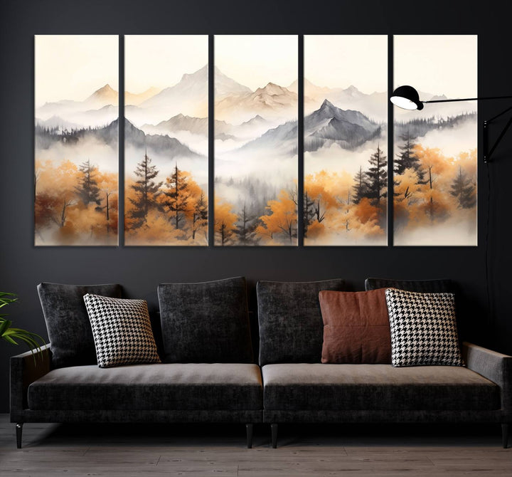 Art mural abstrait aquarelle montagnes et arbres automne