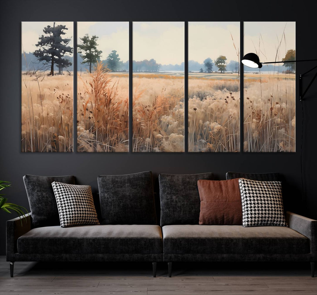 The Golden Fields Canvas Wall Art Print, a serene depiction of nature's tranquility in minimalist modern decor style, graces the wall with its calming presence.