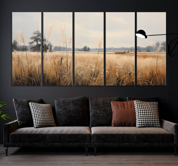 A Wildflower Field Landscape Oil Painting, showcasing a vintage art print of a serene field with tall grasses and distant trees, is beautifully presented on museum-quality canvases with gallery-wrapped edges.