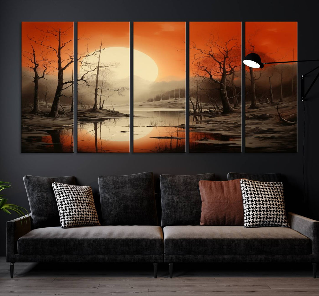 The "Abstract Watercolor Trees and Sunset on Lake Wall Art" is a triptych masterpiece, showcasing an orange-hued landscape of barren trees and a large sun. Displayed on museum-quality canvases with UV-protective coating, it creates a striking visual element in any space.