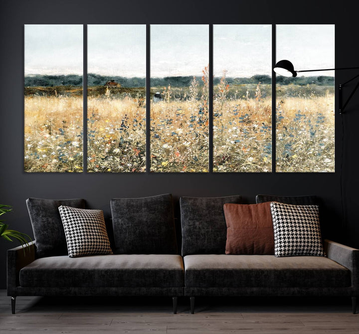 The "Wildflower Field Wall Art Canvas" brings rustic charm to the room with its nature-inspired landscape print, making it a perfect addition to the living room or office.