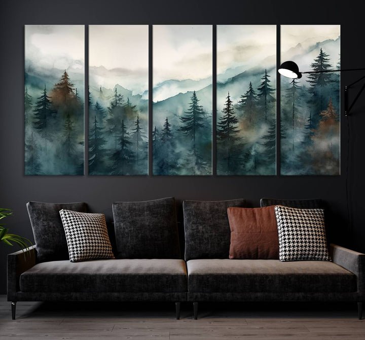 A set of Serenity Forest Wall Art Canvas prints, showcasing foggy mountain landscapes, is displayed in the living room.