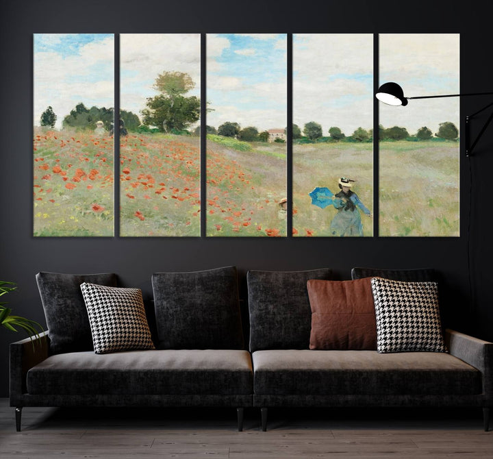 The Claude Monet The Poppy Field Canvas Print features a scene of a serene meadow with blooming flowers and a woman and child. It is printed on museum-quality canvas with UV-protective coating.