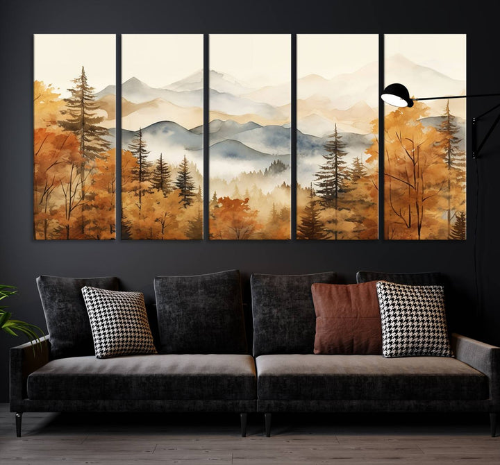 Abstract Mountain Mist Canvas Wall Art – Tranquil Autumn Forest and Misty Peaks - Ready to Hang