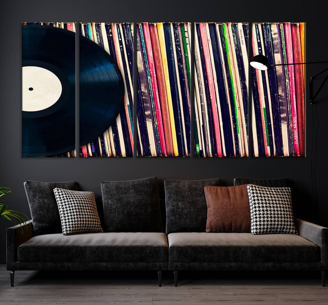 The room showcases the "Vinyl Record and Album Collection Canvas Wall Art," a perfect retro music decor piece for vintage vinyl lovers.