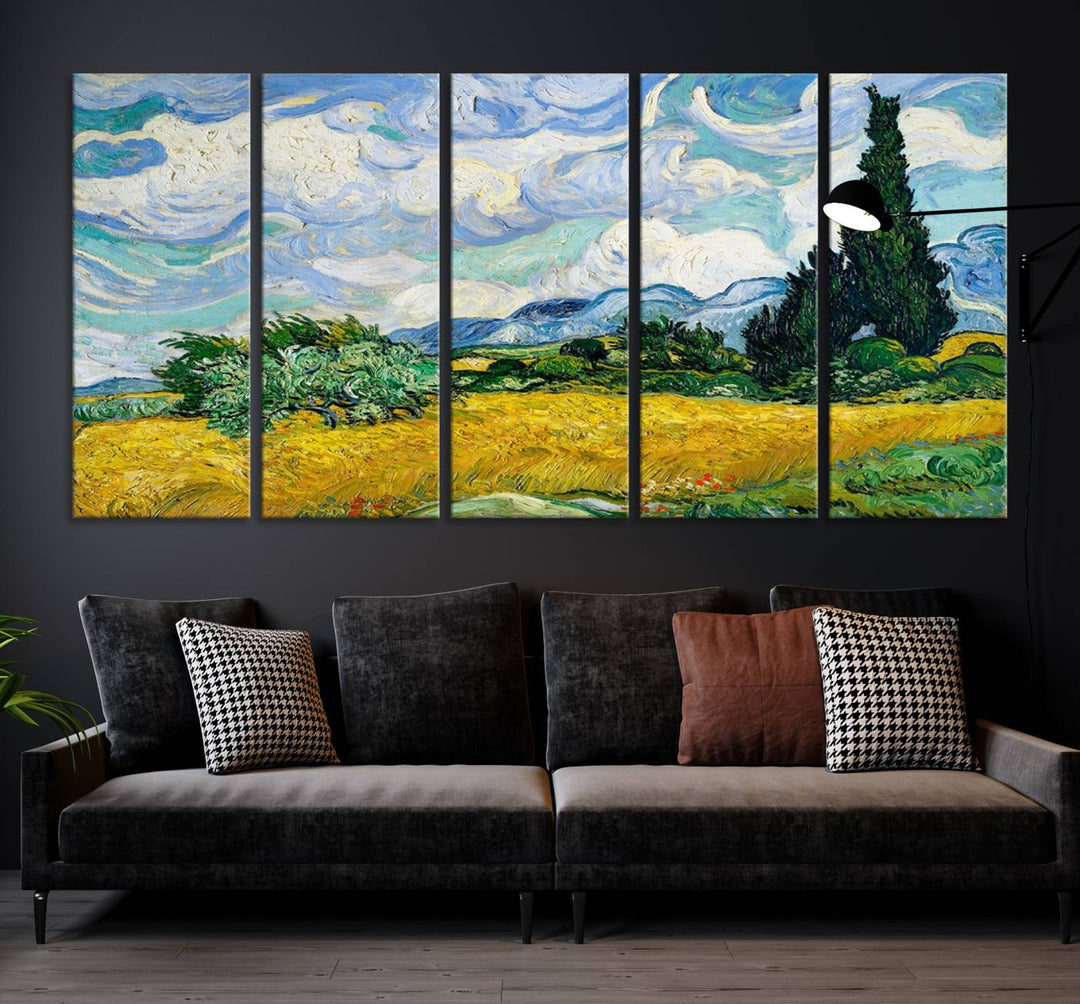 A contemporary living room features a large triptych of "Wheatfield With Cypresses By Van Gogh Painting Wall Art Canvas Print." Crafted on museum-quality canvas, this artwork brings a sense of elegance and craftsmanship reminiscent of professional artistry.