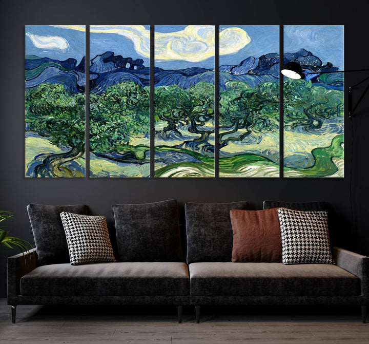 The Olive Trees Van Gogh Wall Art Canvas Print enhances the living room with its vivid landscape on museum-quality canvas, complete with a UV-protective coating.