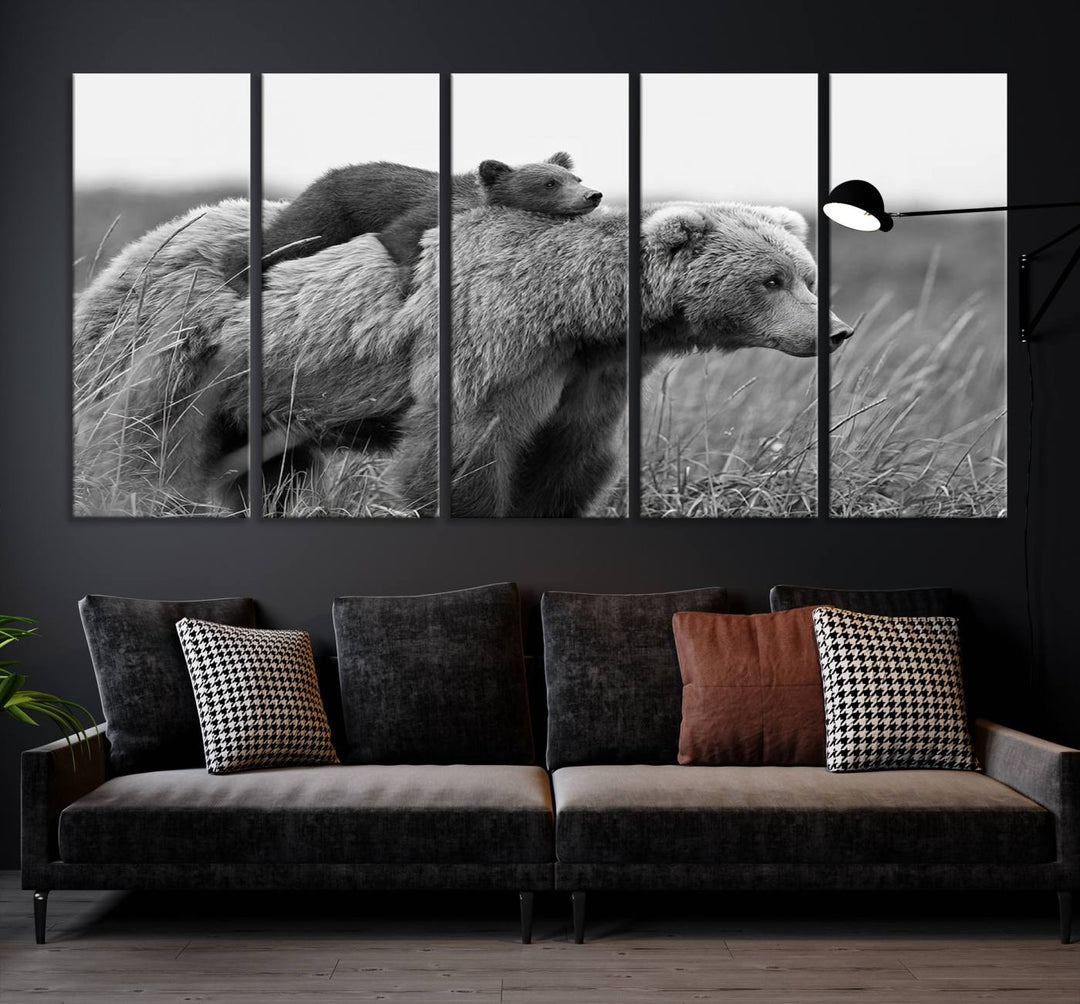 Baby Bear and Mom Bear Family Black & White Canvas Print Wall Art Canvas