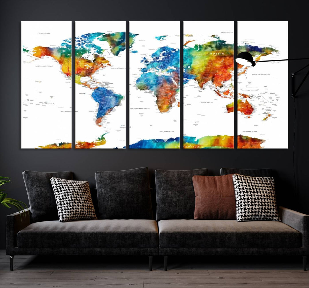 Mixcolor World Map Wall Art Canvas Print, showcasing vibrant colors and a gallery-quality finish.