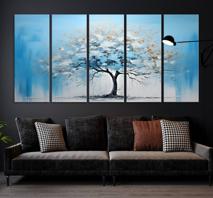 Modern living room featuring the Large Blue Abstract Tree Wall Art Canvas Printing. Enjoy the elegance with free shipping.