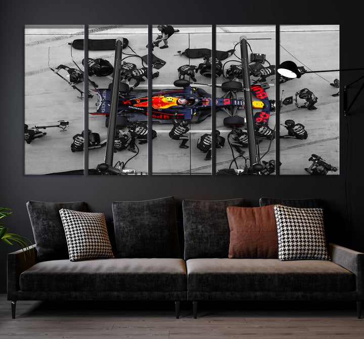 The RedBull Formula 1 Canvas Wall Art Print, a set of three gallery-quality pieces, elegantly adorns the wall.