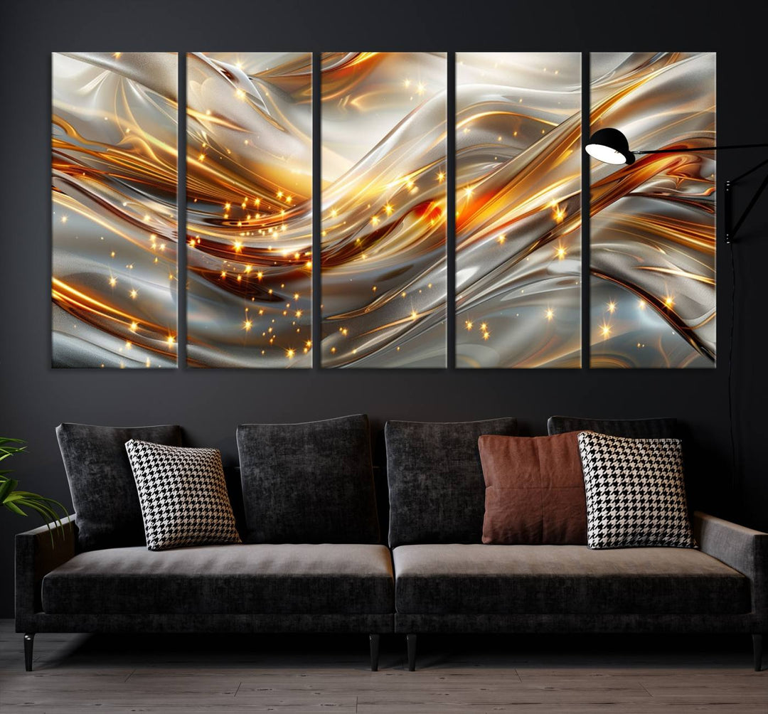 The Elegant Modern Gold Abstract Wall Art - Premium Framed Canvas Print for Home & Office Decor showcases a captivating triptych with swirling metallic designs and golden sparkles, perfectly enhancing contemporary interiors.