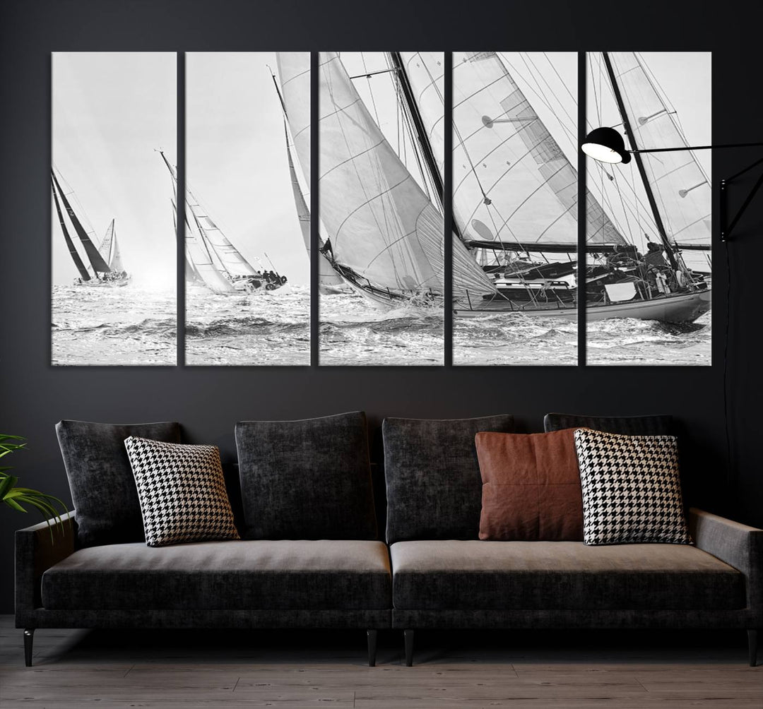 Impresión de velero Yacht Regatta lienzo pared arte Yate decoración de la pared Seascape Art Sailing Ship Negro Blanco extra grande arte de la pared Sailing Regatta