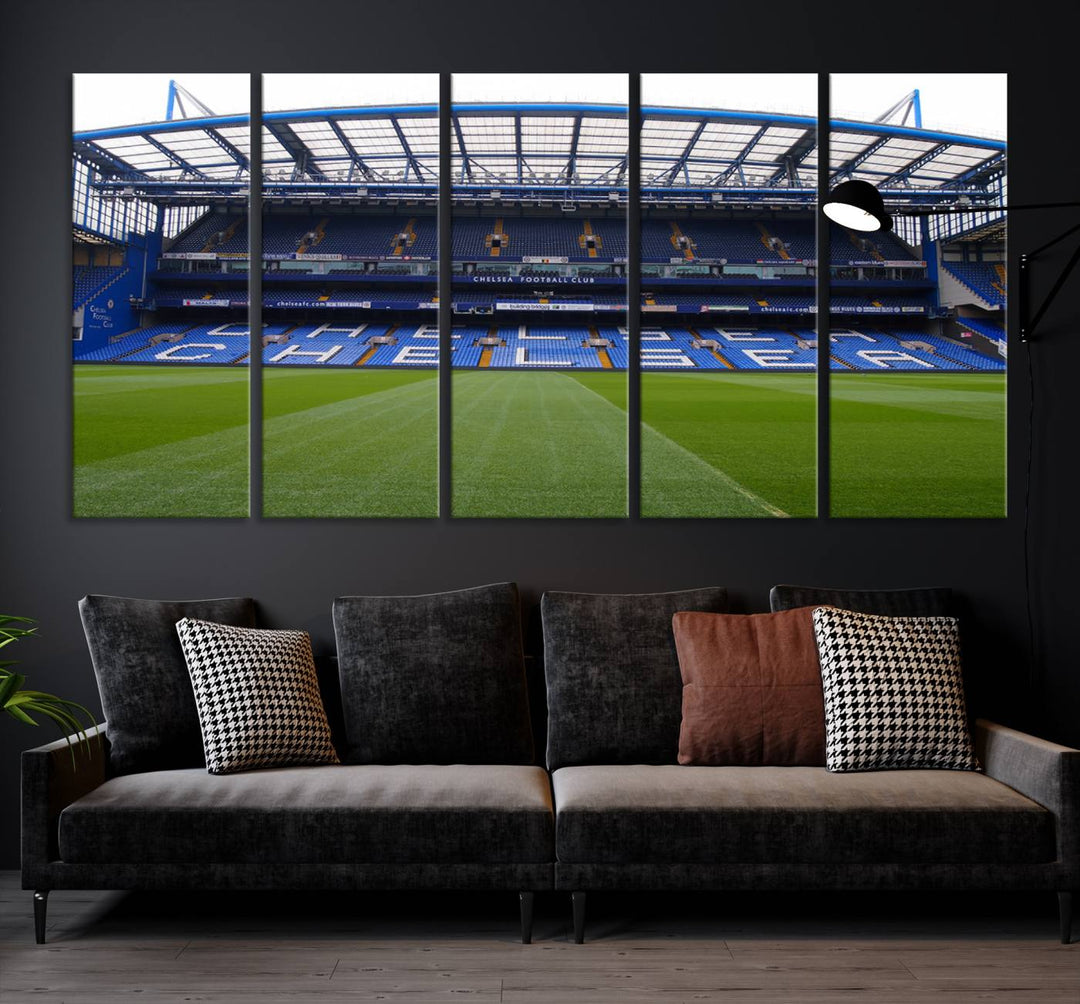 The Chelsea FC Soccer Team Print - Stamford Bridge Stadium Wall Art Canvas Print hangs elegantly, bringing the thrill of the game into your living room.