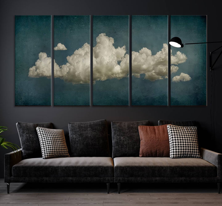 The Vintage Green Clouds Wall Art Canvas Print, set against a teal backdrop, showcases breathtaking canvas artwork with a gallery-quality finish.