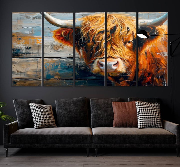 The Highland Cow Abstract Canvas Wall Art, a bold piece of farmhouse rustic decor, adds charm to the modern living room.