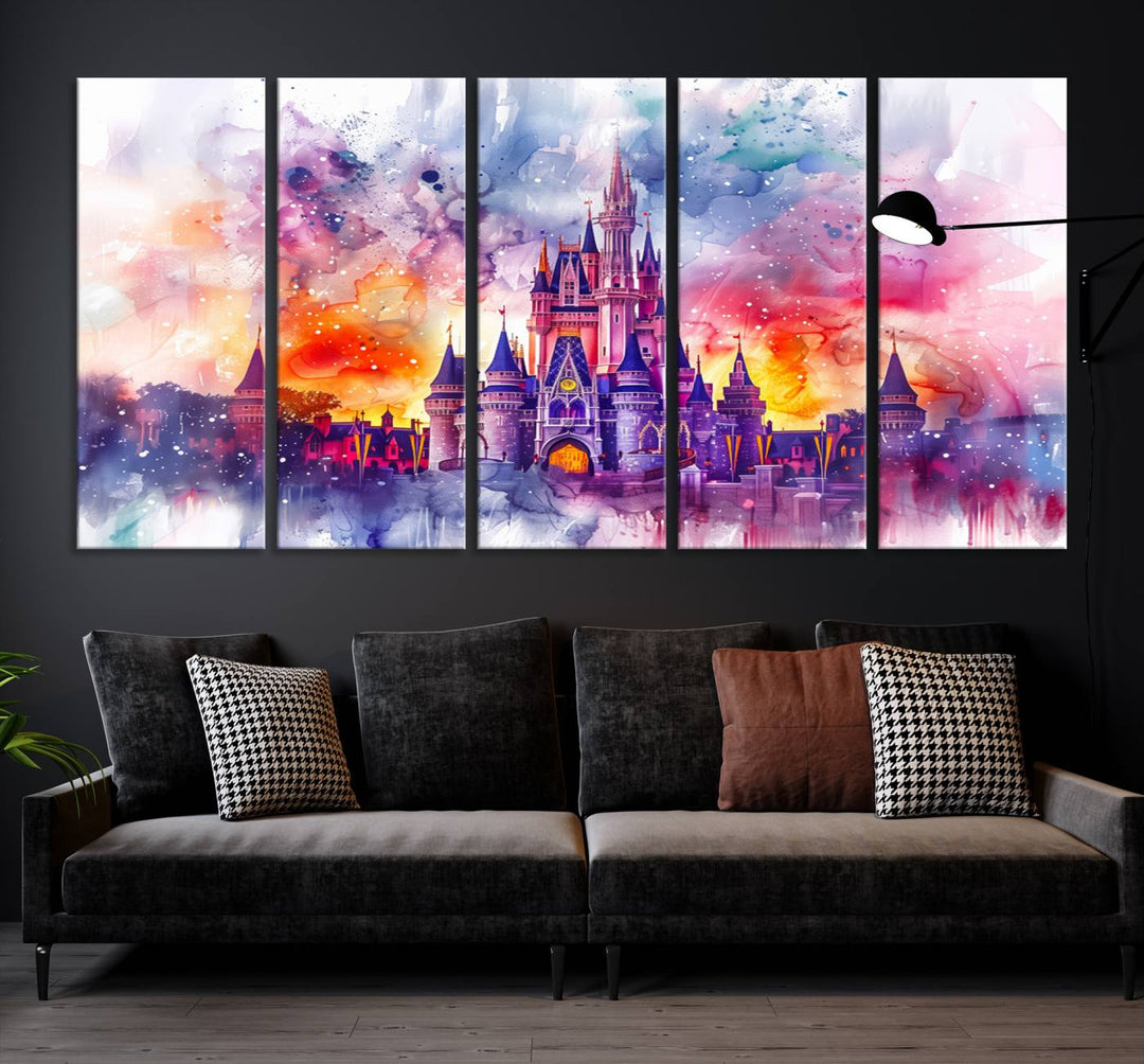 A vibrant piece of wall art depicting the Cinderella Castle from Disneyland, presented as a watercolor painting on premium canvas, is displayed.