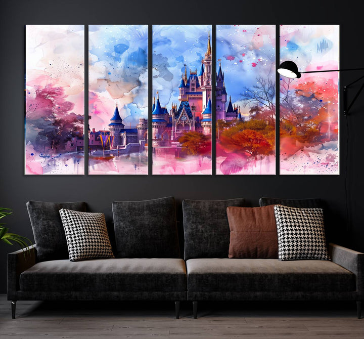 The Disney Wall Art: Dreamy Watercolor Cinderella Castle Canvas Print features a fairy-tale castle with vibrant pink, blue, and purple hues. Expertly handmade in the USA, this premium canvas wall art adds a touch of enchantment to any room.