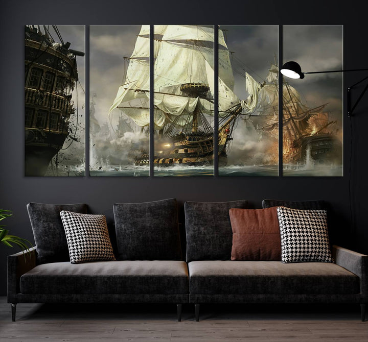 The Pirate Ship War Wall Art Canvas Print, featuring a stunning three-panel depiction of an intense sea battle with tall ships, boasts a gallery-quality finish that adds an elegant touch to its display.