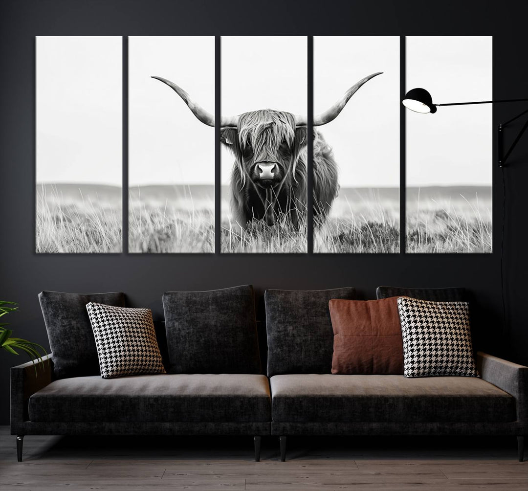 The living room is enhanced by a stunning three-panel Longhorn Wall Art Canvas Print. This museum-quality piece of Texas Longhorn Art comes on a gallery-wrapped canvas with a UV-protective coating to keep it vibrant under everyday light exposure.