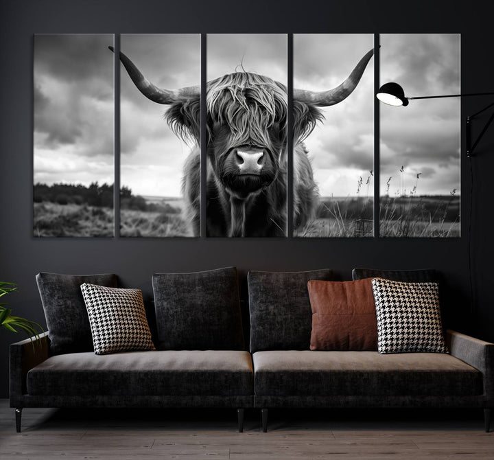 A stunning gallery-quality piece, the "Scottish Cow Wall Art Canvas Print | Longhorn Wall Art | Bighorn Animal Wall Art," depicts a Highland cow with long horns and shaggy fur. This captivating wall art elegantly enhances the space.