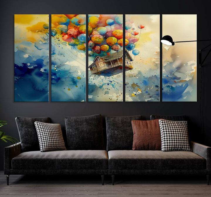 The Cartoon Movie Wall Art Canvas Print, featuring a vibrant house lifted by balloons and split across three panels, serves as captivating wall art. Handmade in the USA, it adds charm and whimsy to any space.