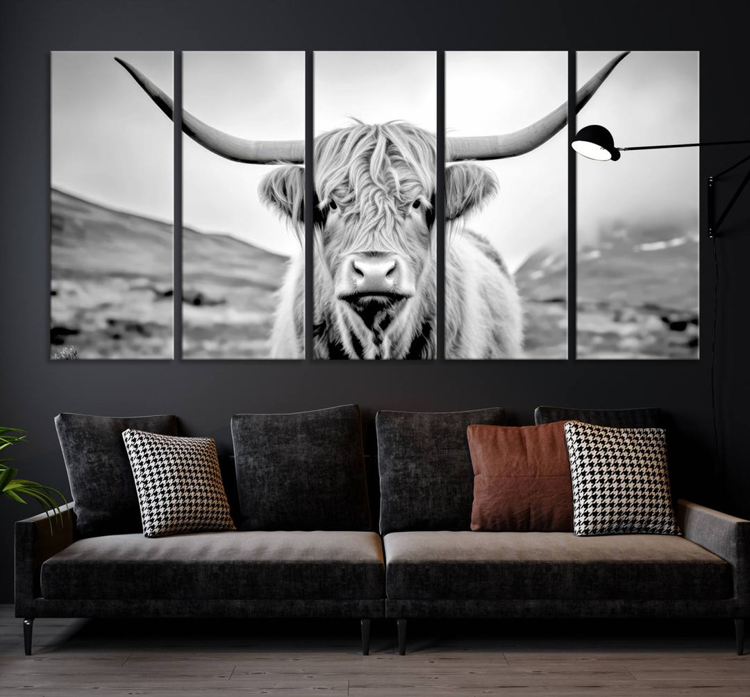 A "Scottish Cow Wall Art Canvas Print" with a gallery-quality finish hangs prominently.