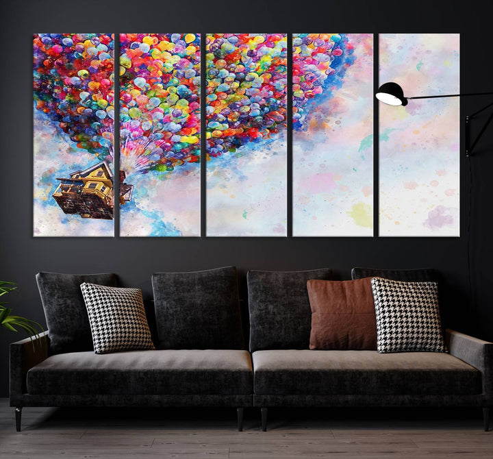 The "Watercolor Cartoon Movie Balloons Canvas Print" is showcased, depicting a whimsical house being lifted by colorful balloons. This triptych wall art is crafted on museum-quality canvases with a UV-protective coating to maintain its vibrant colors, making it ready to hang in any room.