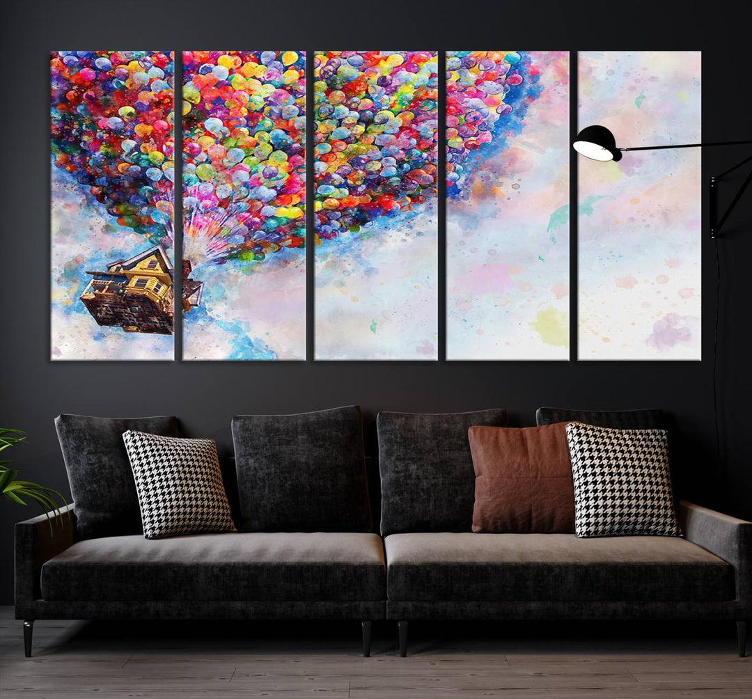 The Don't Look Up Movie Canvas Wall Art features a vibrant scene of a floating house carried by colorful balloons against a pastel sky. It's an ideal piece for movie enthusiasts who appreciate imaginative decor.