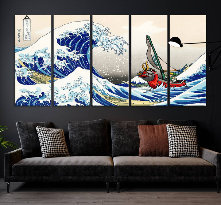 The Katsushika Hokusai Kanagawa Giant Wave Wall Art Canvas Print, featuring iconic Japanese art, brings a touch of modern artistry to the living room.