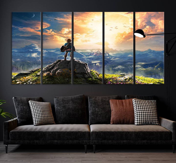 The Legend of Zelda Breath of the Wild Game Wall Art Canvas Print showcases a fantasy landscape with a character on a cliff, all rendered in gallery-quality finish on premium canvas.