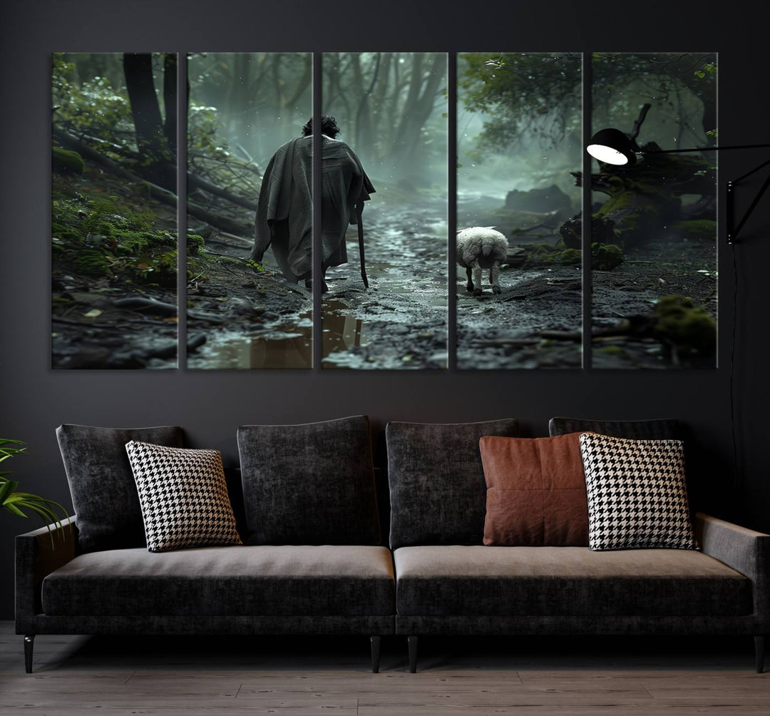 The "Forest Jesus Shepherd Canvas Wall Art" features a person with a cane, clothed in a cloak, walking beside a sheep through a misty forest. This piece captures tranquility and is ideal for adding serenity to your living room, office, or bedroom decor.