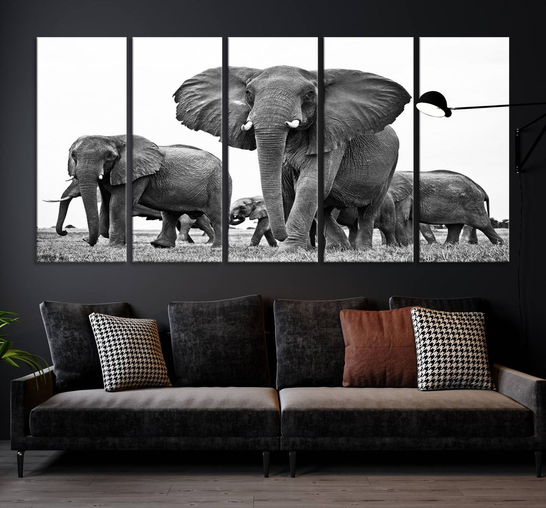 The Black White Elephant Family Wall Art Canvas Print features a triptych of elephants walking in the wild, crafted as gallery-quality wall art on premium canvas.