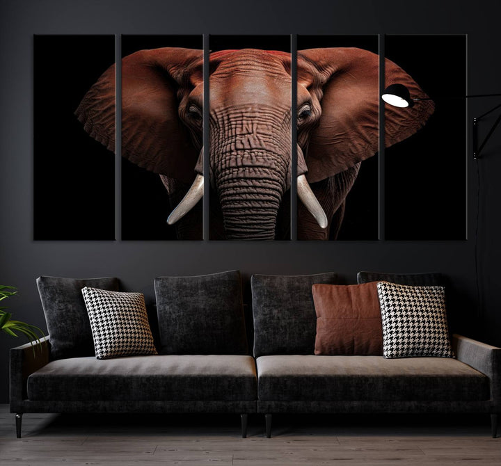 A stunning triptych titled "Wild Elephant Wall Art Canvas Print" beautifully enhances the wall above a contemporary living room. This Africa Savannah Wild Animal Wall Decor Print is of museum-quality, complete with a UV-protective coating to ensure its vibrancy and beauty are preserved for years.