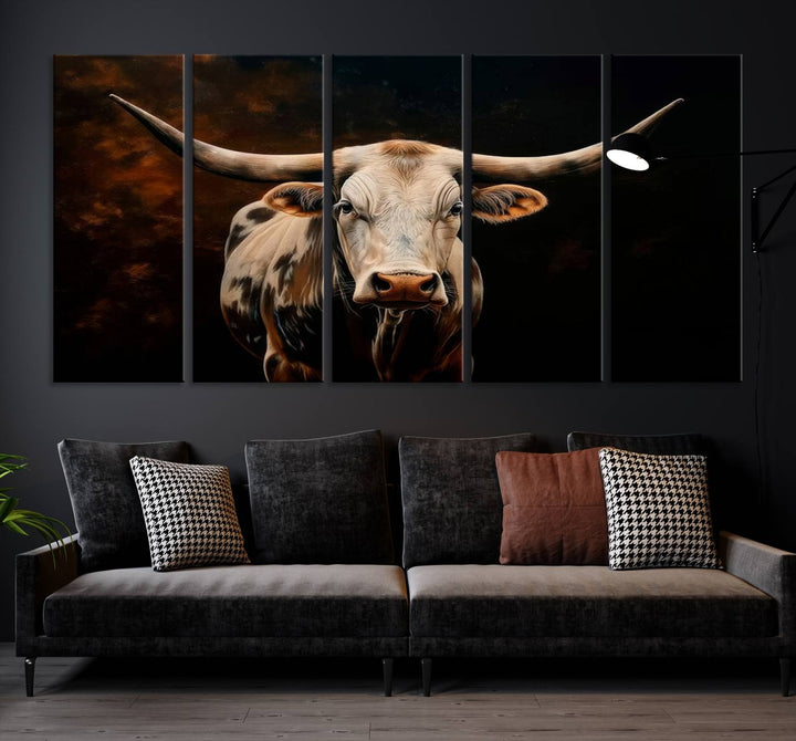 The Texas Longhorn Wall Art, a 3-panel large canvas print, infuses the room with a dash of cowboy charm.