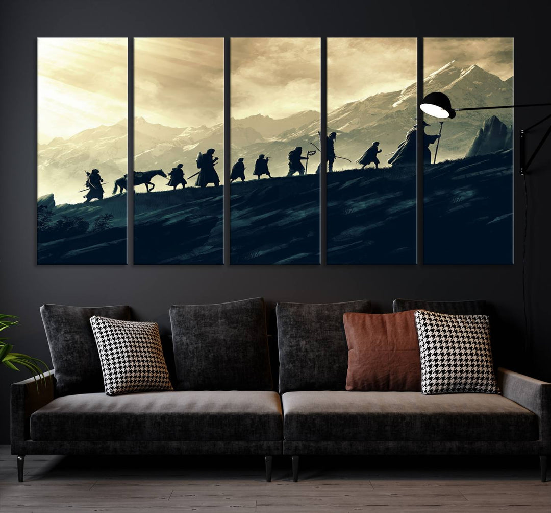 A canvas print titled "Lord of the Rings Silhouette Wall Art Capturing the Epic Quest Through Middle-Earth - The Fellowship's Journey" is displayed.