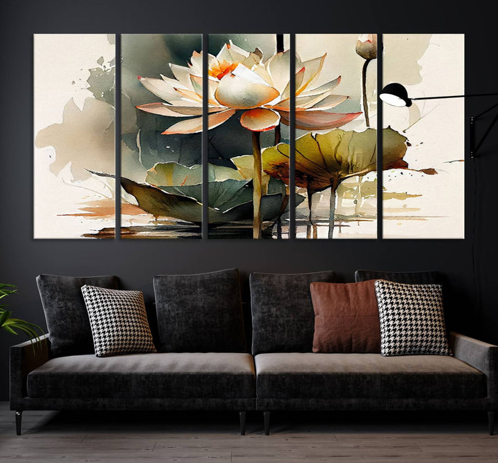 The Lotus Flower Watercolor Canvas Print, a contemporary wall art piece symbolizing serenity and growth with its soft watercolors, adorns the wall.