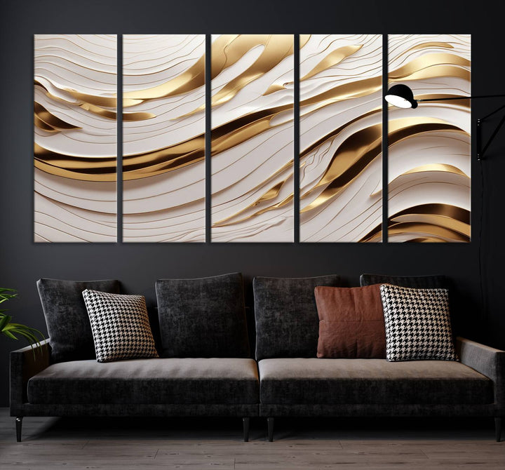 The "Gold and White Abstract Wave Canvas – Elegant Flowing Design with Luxurious Golden Accents" beautifully enhances the area and creates a stunning focal point in the room.