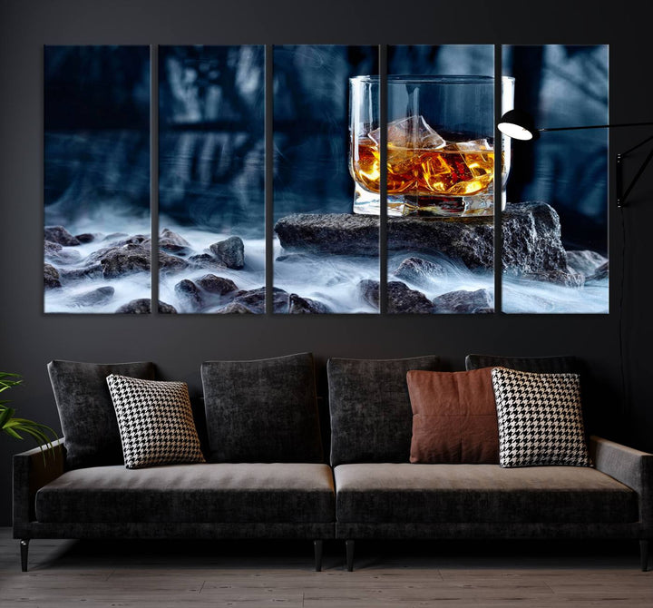 The Whiskey Ice Wall Art Canvas Print, a triptych featuring a glass of whiskey on the rocks, is crafted with a gallery-quality finish on premium canvas.