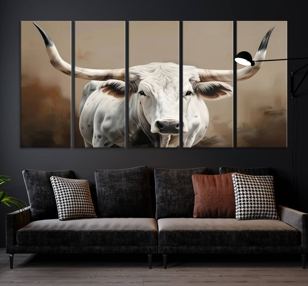 Texas Longhorn Canvas Wall Art features a triptych design on premium canvas with a gallery-quality finish.