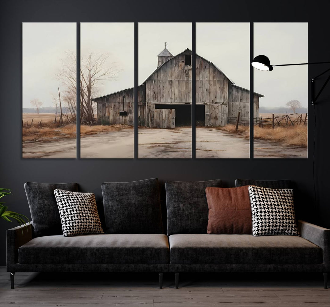 A framed and ready-to-hang Farmhouse Rustic Barn Wall Art Canvas Print is displayed against a gray wall. This stylish modern living room seamlessly combines rural life wall décor with contemporary comfort.