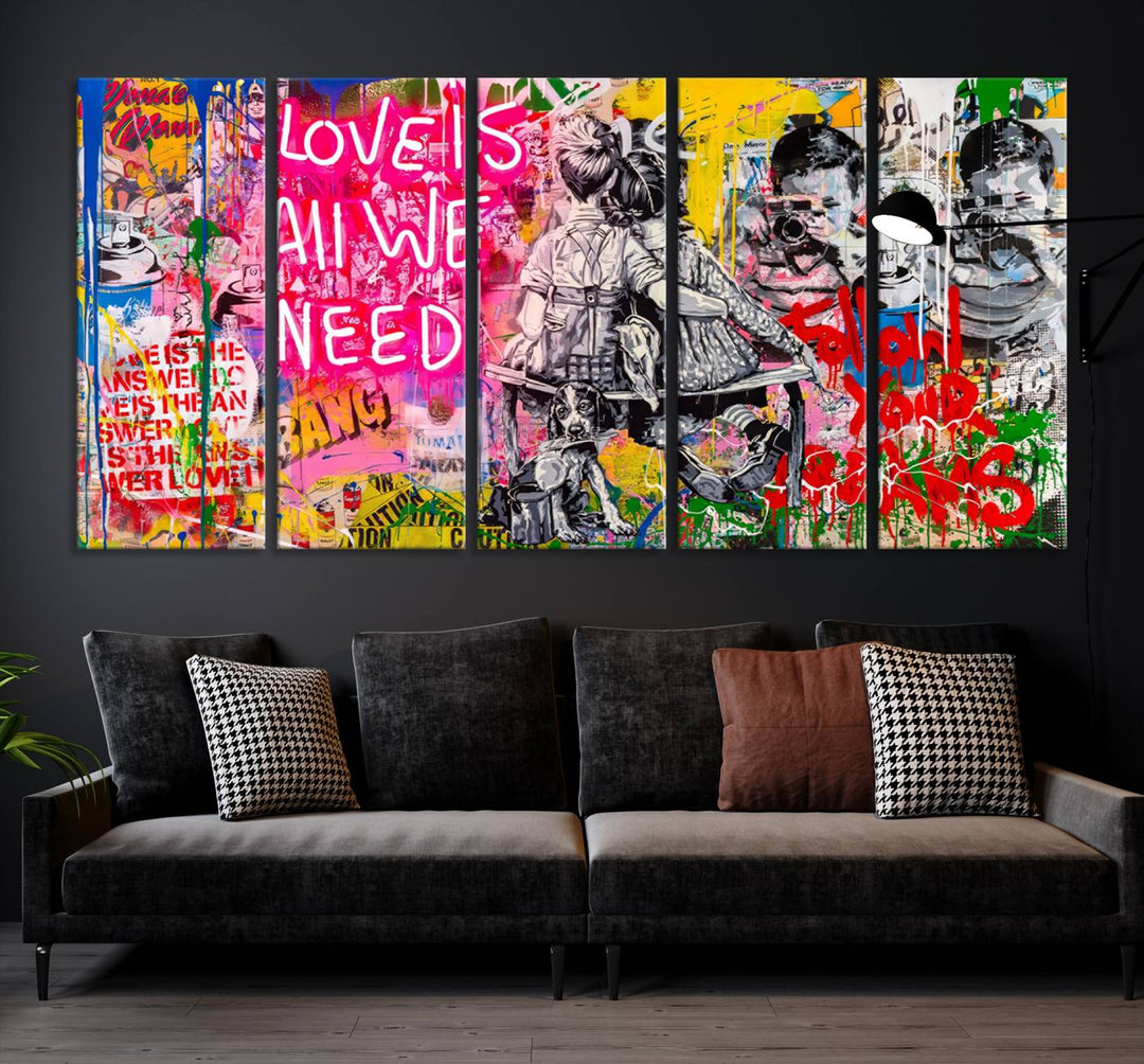 A vivid display of the "Follow Your Dreams & Love is All We Need" graffiti street art energizes a modern room with its three-panel arrangement. This bold giclee canvas print infuses any contemporary space with dynamic flair.